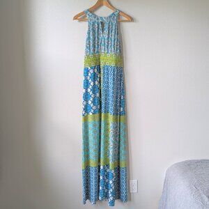 London Times Maxi Dress in Blue & Green Pattern Halter Neck Size 8
